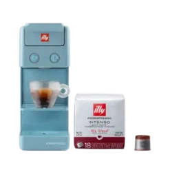 illy Y3.3 iperEspresso Coffee Machine (Light Blue) with illy Intenso iperEspresso Dark Roast Coffee Capsules – Pack of 18